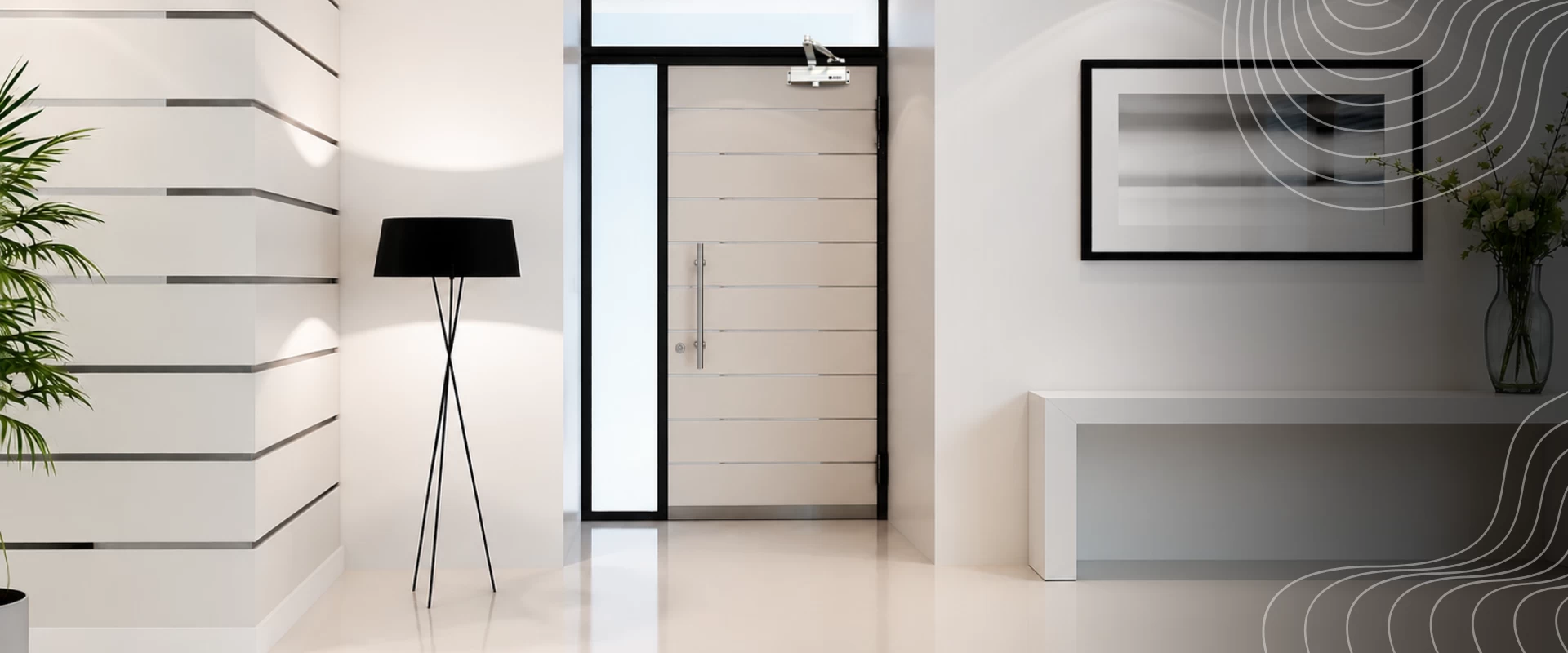 Timber entrance door with a long pull handle and an overhead door closer in a white hallway